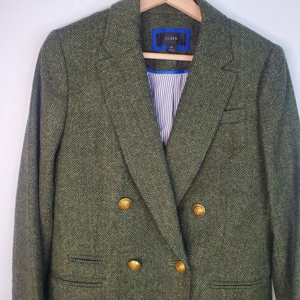 J Crew Bristol Double Breasted Blazer Herringbone English Wool Green Gold Size 6 - Picture 4 of 10